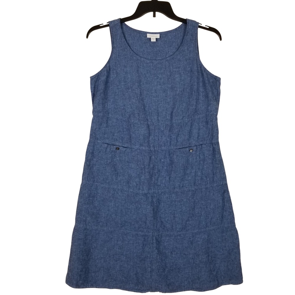 Pure Jill Linen Shift Dress Womens Medium Petite Blue Tiered Sleeveless Pockets
